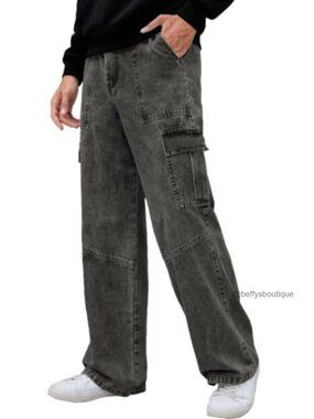 Baggy Cargo Jeans Elastic Waist Wide Leg Denim Pants High Rise